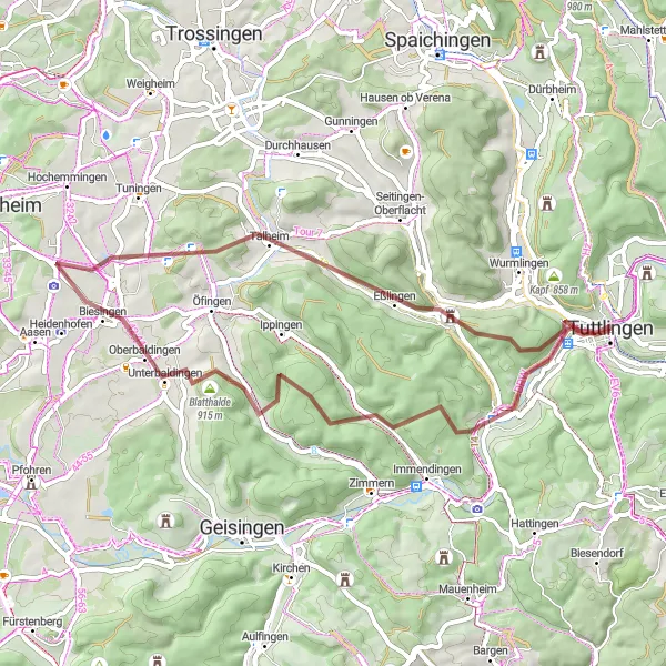 Map miniature of "The Kohlberg Gravel Loop" cycling inspiration in Freiburg, Germany. Generated by Tarmacs.app cycling route planner