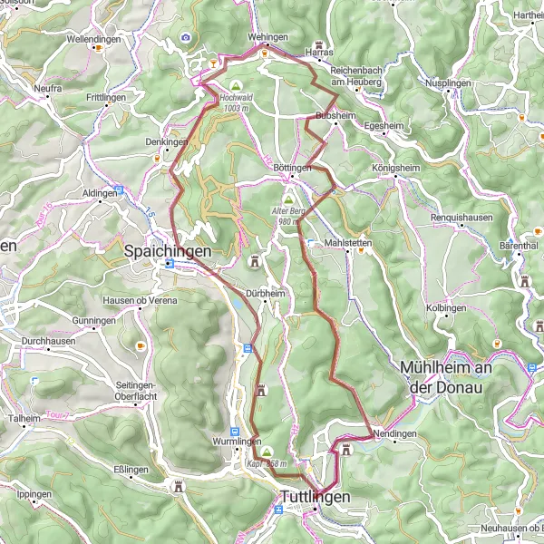 Map miniature of "Tuttlingen Gravel Adventure" cycling inspiration in Freiburg, Germany. Generated by Tarmacs.app cycling route planner