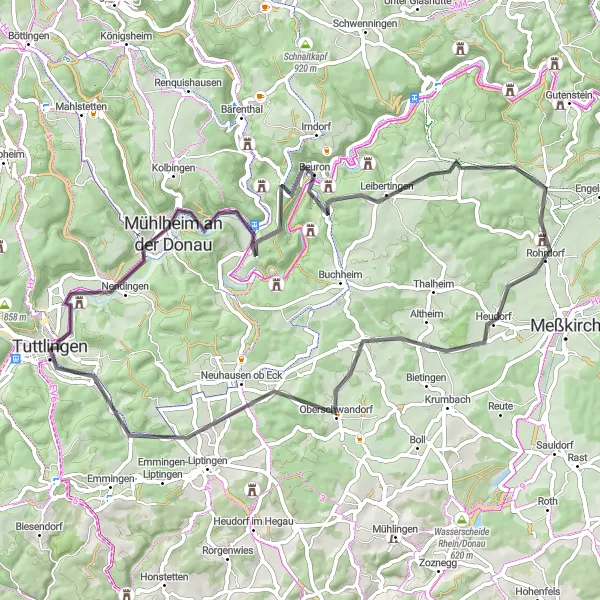 Map miniature of "Tuttlingen to Mühlheim an der Donau Loop" cycling inspiration in Freiburg, Germany. Generated by Tarmacs.app cycling route planner