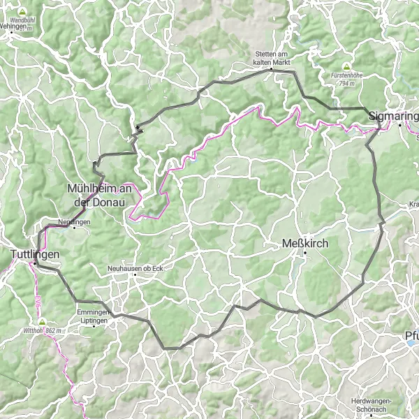 Map miniature of "Donau Tour" cycling inspiration in Freiburg, Germany. Generated by Tarmacs.app cycling route planner