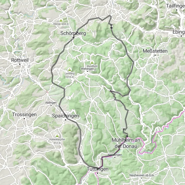 Map miniature of "Tuttlingen to Aussichtsstand Eichbühl Loop" cycling inspiration in Freiburg, Germany. Generated by Tarmacs.app cycling route planner