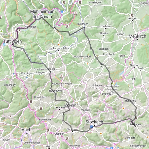 Map miniature of "Tuttlingen - Honberg Loop" cycling inspiration in Freiburg, Germany. Generated by Tarmacs.app cycling route planner