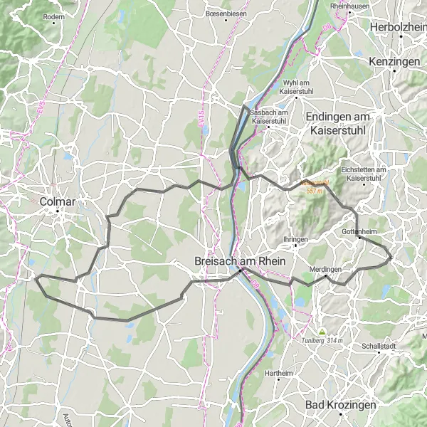 Karten-Miniaturansicht der Radinspiration "Eckartsberg und Kaiserstuhlblick Road Tour" in Freiburg, Germany. Erstellt vom Tarmacs.app-Routenplaner für Radtouren