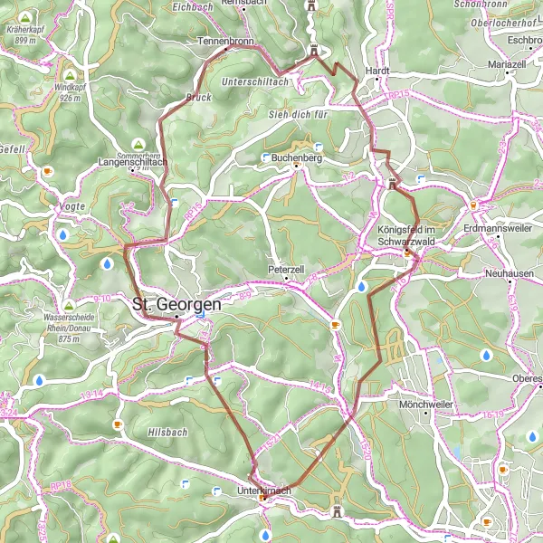 Karten-Miniaturansicht der Radinspiration "Kurz und knackig: Gravelabenteuer in der Nähe von Unterkirnach" in Freiburg, Germany. Erstellt vom Tarmacs.app-Routenplaner für Radtouren