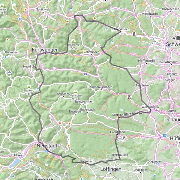 Karten-Miniaturansicht der Radinspiration "Herausfordernde Fahrt durch die Natur rund um Unterkirnach" in Freiburg, Germany. Erstellt vom Tarmacs.app-Routenplaner für Radtouren