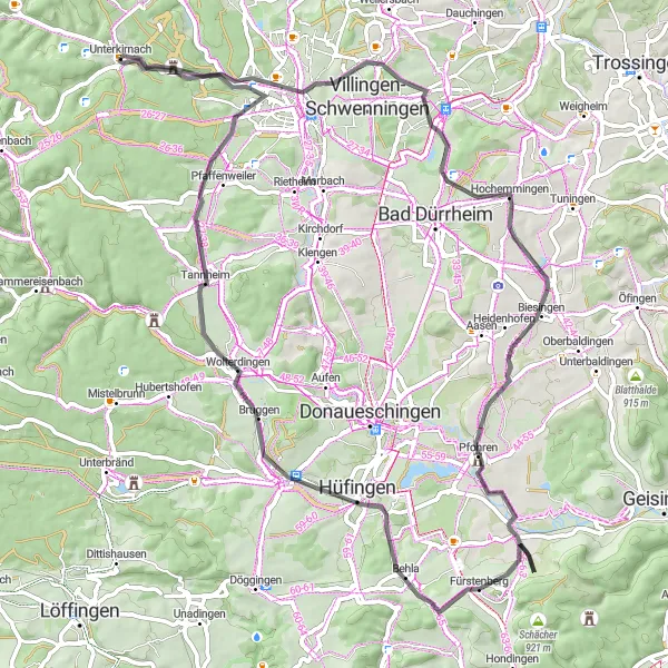 Karten-Miniaturansicht der Radinspiration "Hüfingen und die umliegenden Dörfer" in Freiburg, Germany. Erstellt vom Tarmacs.app-Routenplaner für Radtouren