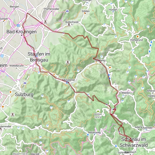 Map miniature of "Unterkrozingen Gravel Adventure: Ehrenkirchen Loop" cycling inspiration in Freiburg, Germany. Generated by Tarmacs.app cycling route planner