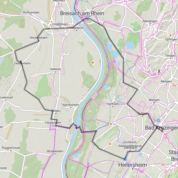 Map miniature of "Unterkrozingen Loop: Exploring the Markgräflerland" cycling inspiration in Freiburg, Germany. Generated by Tarmacs.app cycling route planner