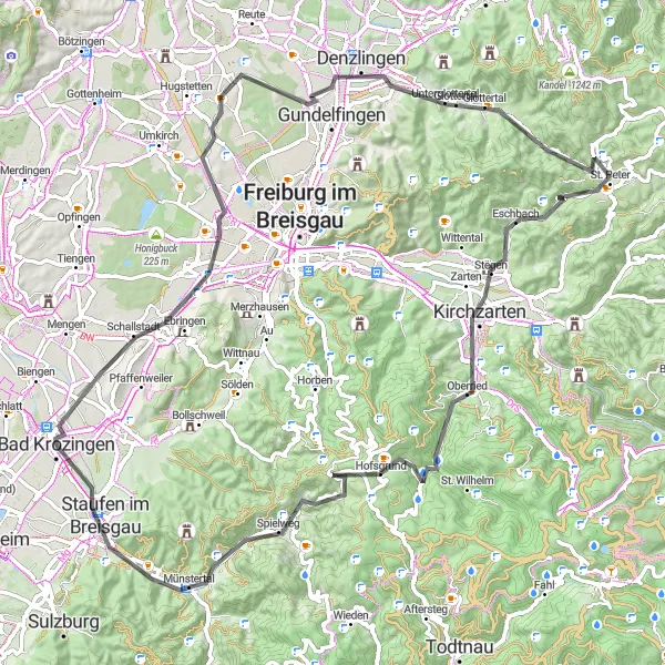 Map miniature of "Unterkrozingen Loop" cycling inspiration in Freiburg, Germany. Generated by Tarmacs.app cycling route planner