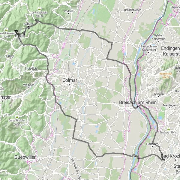 Map miniature of "Rhine Valley Grand Tour" cycling inspiration in Freiburg, Germany. Generated by Tarmacs.app cycling route planner