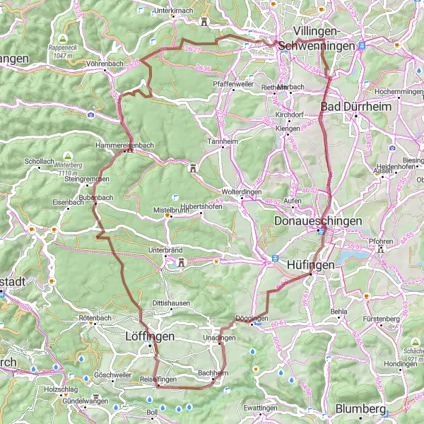 Map miniature of "Gravel Route: Donaueschingen Loop" cycling inspiration in Freiburg, Germany. Generated by Tarmacs.app cycling route planner