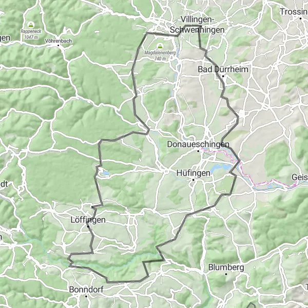 Map miniature of "Villingen-Schwenningen to Ruine Warenburg" cycling inspiration in Freiburg, Germany. Generated by Tarmacs.app cycling route planner