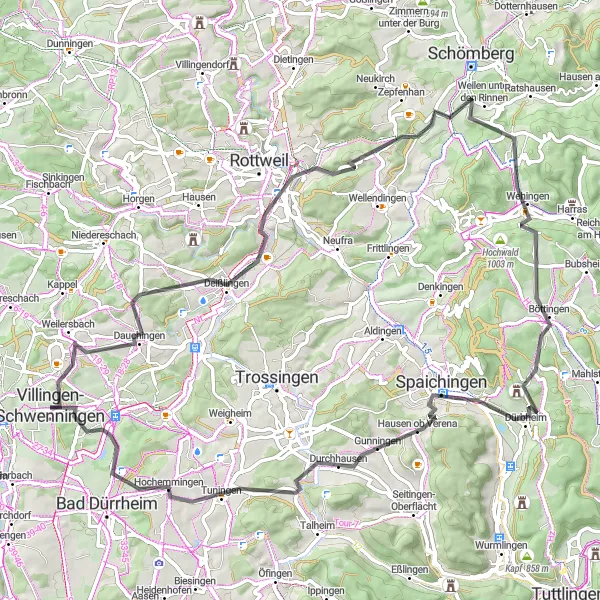 Karten-Miniaturansicht der Radinspiration "Villingen-Schwenningen - Deißlingen - Barfußpfad" in Freiburg, Germany. Erstellt vom Tarmacs.app-Routenplaner für Radtouren