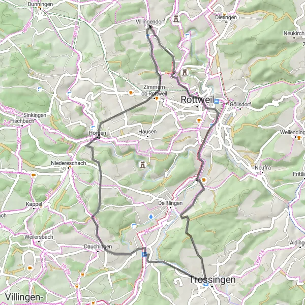 Karten-Miniaturansicht der Radinspiration "Fahrradtour entlang von Dauchingen und Horgen" in Freiburg, Germany. Erstellt vom Tarmacs.app-Routenplaner für Radtouren