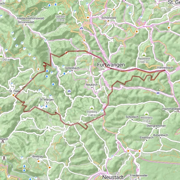 Karten-Miniaturansicht der Radinspiration "Gravel-Rundweg ab Vöhrenbach" in Freiburg, Germany. Erstellt vom Tarmacs.app-Routenplaner für Radtouren