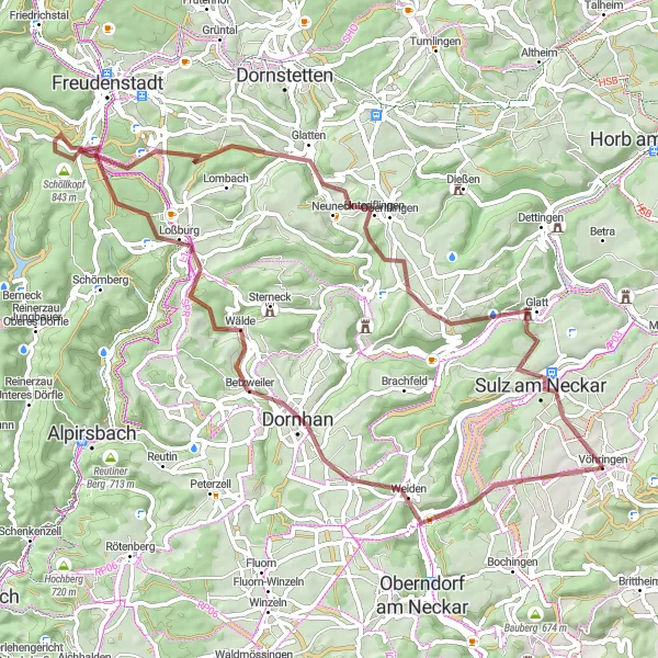 Karten-Miniaturansicht der Radinspiration "Gravel Abenteuer um Vöhringen" in Freiburg, Germany. Erstellt vom Tarmacs.app-Routenplaner für Radtouren