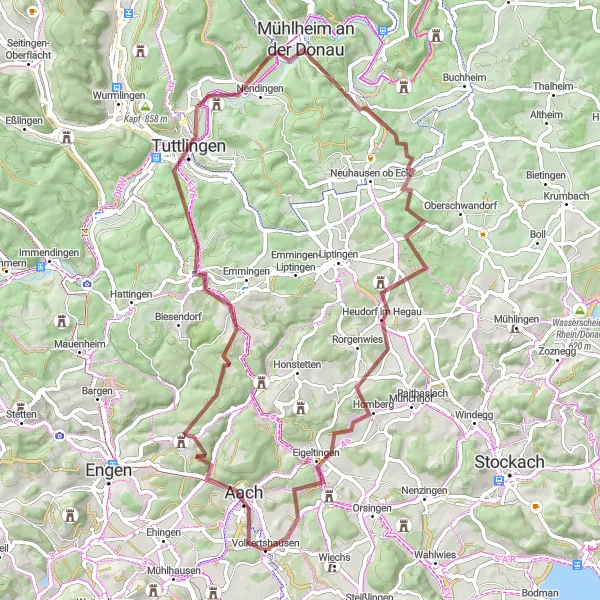 Map miniature of "Gravel Adventure in Hegau" cycling inspiration in Freiburg, Germany. Generated by Tarmacs.app cycling route planner