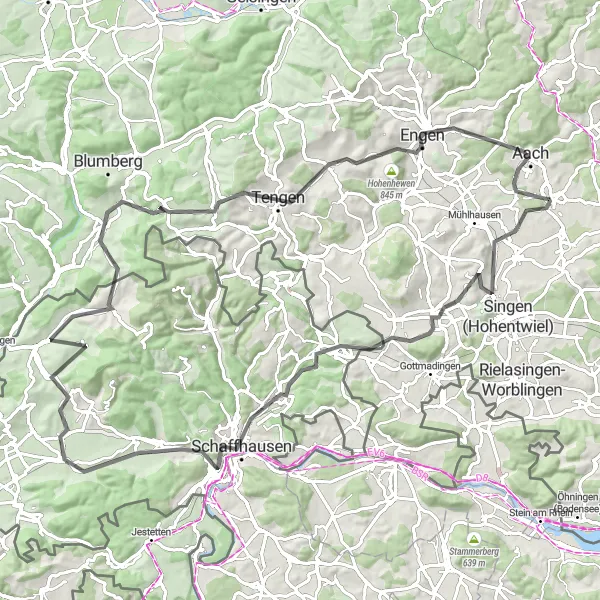 Map miniature of "The Hills of Hilzingen" cycling inspiration in Freiburg, Germany. Generated by Tarmacs.app cycling route planner