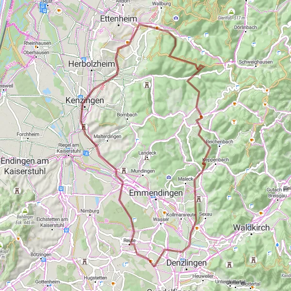 Karten-Miniaturansicht der Radinspiration "Fohrenbühl und Hochburg Gravel Tour" in Freiburg, Germany. Erstellt vom Tarmacs.app-Routenplaner für Radtouren