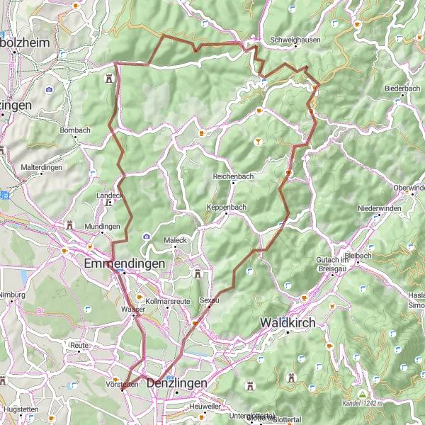 Karten-Miniaturansicht der Radinspiration "Hünersedel und Kirnburg Gravel Tour" in Freiburg, Germany. Erstellt vom Tarmacs.app-Routenplaner für Radtouren