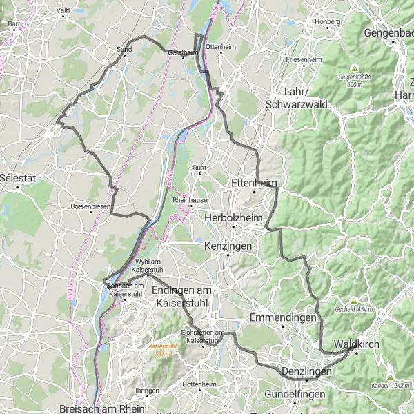 Karten-Miniaturansicht der Radinspiration "Panorama Tour durch den Kaiserstuhl" in Freiburg, Germany. Erstellt vom Tarmacs.app-Routenplaner für Radtouren