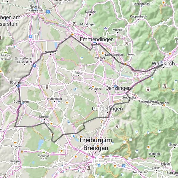 Map miniature of "Countryside Charm" cycling inspiration in Freiburg, Germany. Generated by Tarmacs.app cycling route planner