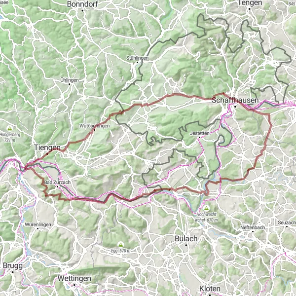 Map miniature of "Gravel Tour through Waldshut-Tiengen" cycling inspiration in Freiburg, Germany. Generated by Tarmacs.app cycling route planner