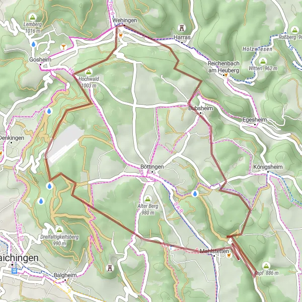 Map miniature of "Bubsheim to Wehingen Gravel Route" cycling inspiration in Freiburg, Germany. Generated by Tarmacs.app cycling route planner
