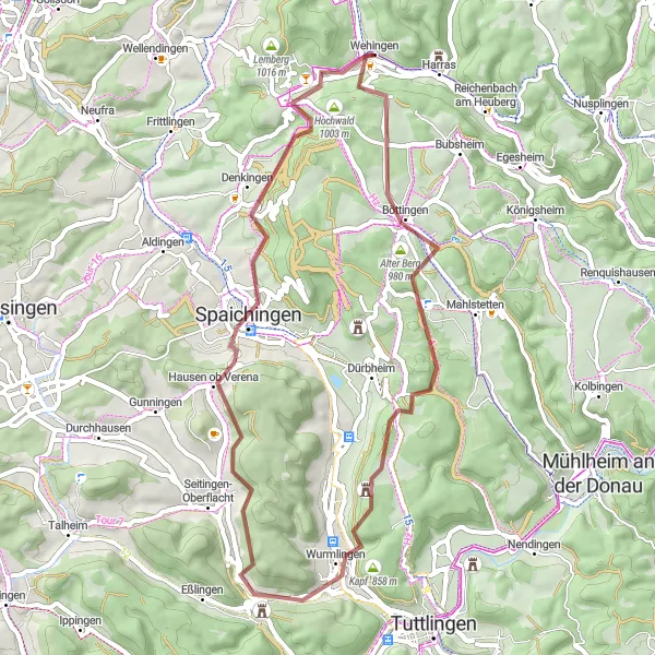 Map miniature of "Böttingen to Wehingen Gravel Route" cycling inspiration in Freiburg, Germany. Generated by Tarmacs.app cycling route planner