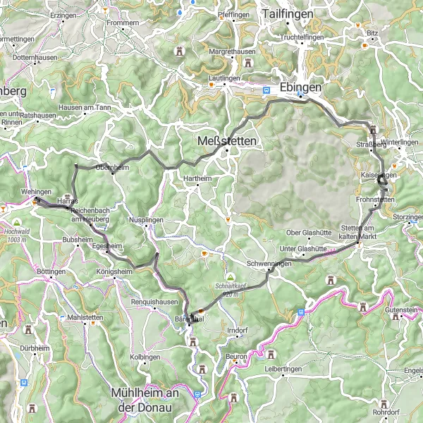 Map miniature of "Villages and Valleys Road Cycling Route" cycling inspiration in Freiburg, Germany. Generated by Tarmacs.app cycling route planner