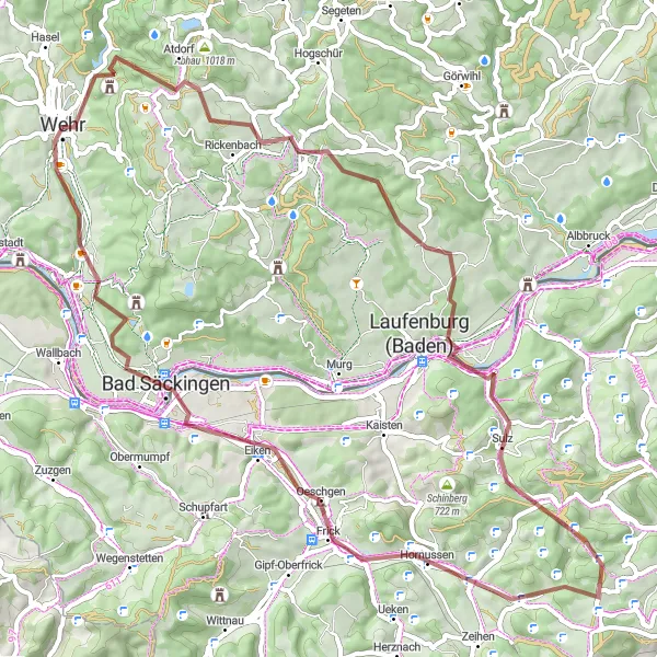 Karten-Miniaturansicht der Radinspiration "Gravel-Radtour um Wehr" in Freiburg, Germany. Erstellt vom Tarmacs.app-Routenplaner für Radtouren