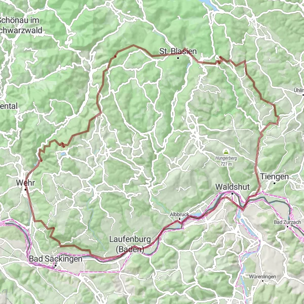 Karten-Miniaturansicht der Radinspiration "Gravel-Abenteuer um Wehr" in Freiburg, Germany. Erstellt vom Tarmacs.app-Routenplaner für Radtouren