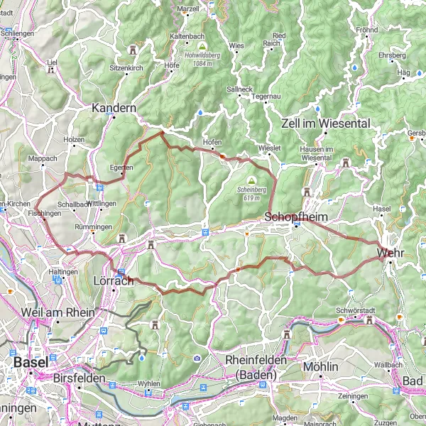 Karten-Miniaturansicht der Radinspiration "Panoramarunde Lörrach" in Freiburg, Germany. Erstellt vom Tarmacs.app-Routenplaner für Radtouren