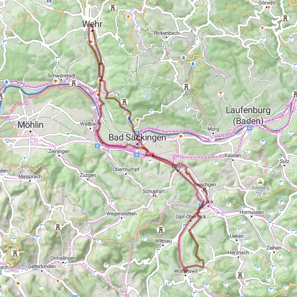 Karten-Miniaturansicht der Radinspiration "Rund um Bad Säckingen" in Freiburg, Germany. Erstellt vom Tarmacs.app-Routenplaner für Radtouren