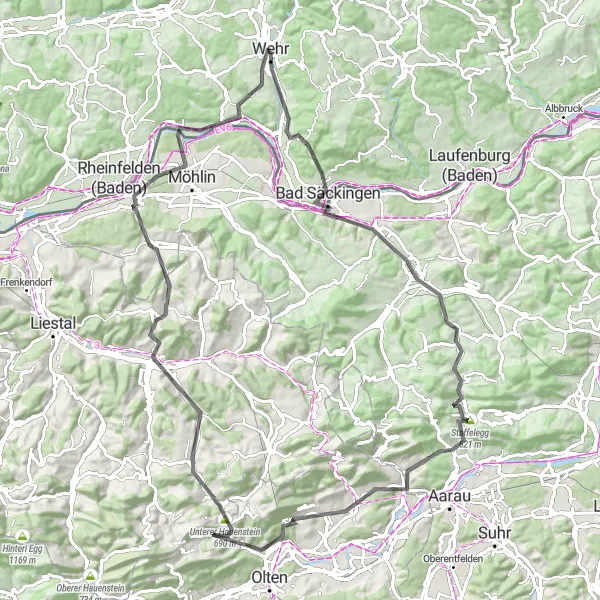 Map miniature of "The Ultimate Road Cycling Challenge: Staffelegg Pass" cycling inspiration in Freiburg, Germany. Generated by Tarmacs.app cycling route planner