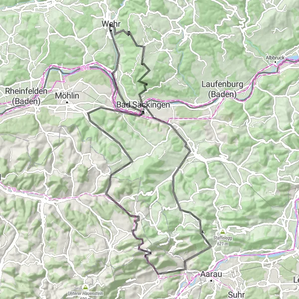 Karten-Miniaturansicht der Radinspiration "Road-Tour durch die Natur um Wehr" in Freiburg, Germany. Erstellt vom Tarmacs.app-Routenplaner für Radtouren