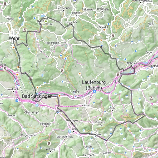 Map miniature of "Hinterhoheneck and Bad Säckingen Loop" cycling inspiration in Freiburg, Germany. Generated by Tarmacs.app cycling route planner