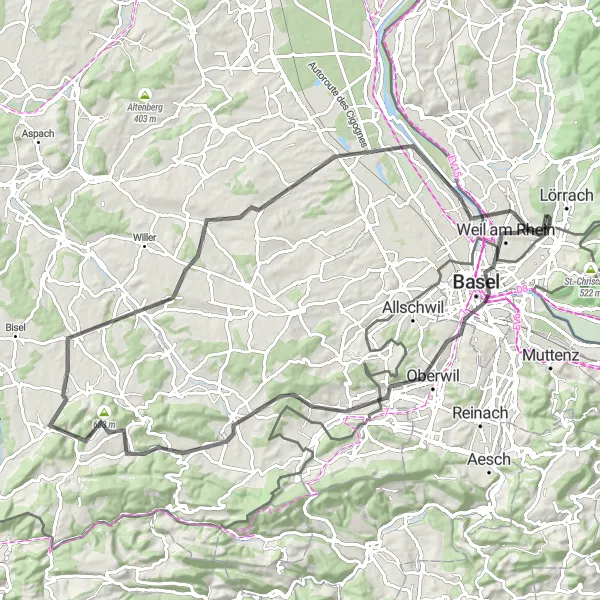 Map miniature of "The Pfalz Adventure" cycling inspiration in Freiburg, Germany. Generated by Tarmacs.app cycling route planner