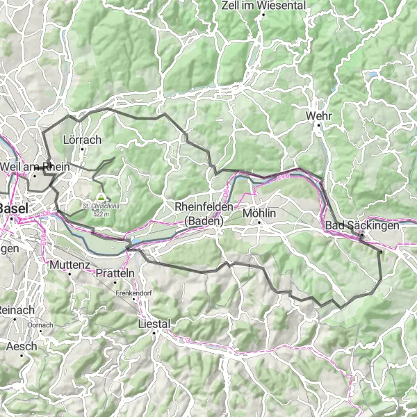 Map miniature of "Challenging Hills and Scenic Beauty" cycling inspiration in Freiburg, Germany. Generated by Tarmacs.app cycling route planner