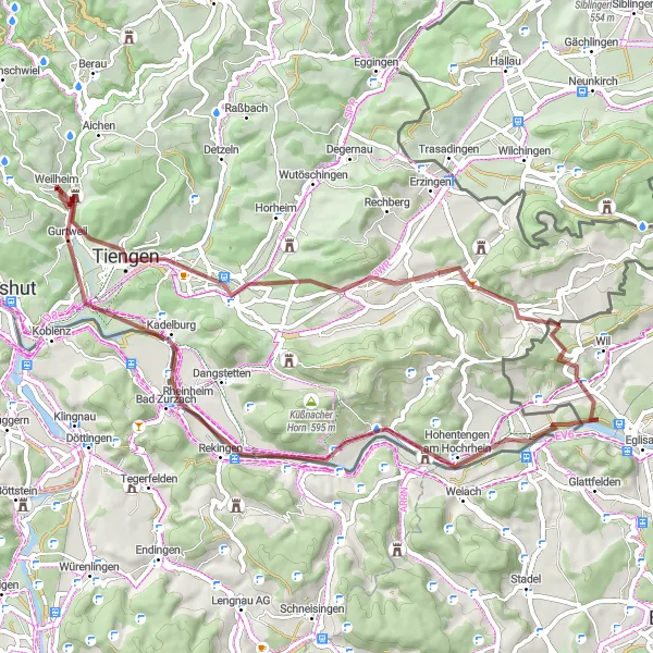 Map miniature of "Riverside Gravel Escape" cycling inspiration in Freiburg, Germany. Generated by Tarmacs.app cycling route planner
