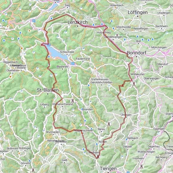 Map miniature of "Gravel Adventure in Black Forest" cycling inspiration in Freiburg, Germany. Generated by Tarmacs.app cycling route planner