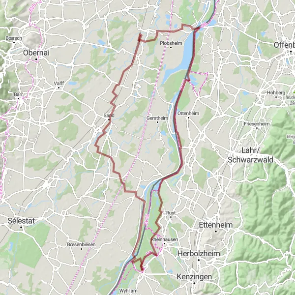 Map miniature of "Rhineland Gravel Adventure" cycling inspiration in Freiburg, Germany. Generated by Tarmacs.app cycling route planner