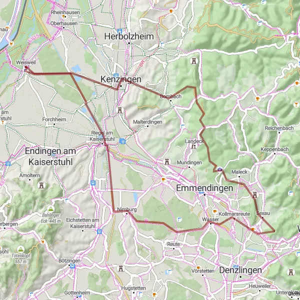 Map miniature of "The Gravel Countryside Excursion" cycling inspiration in Freiburg, Germany. Generated by Tarmacs.app cycling route planner