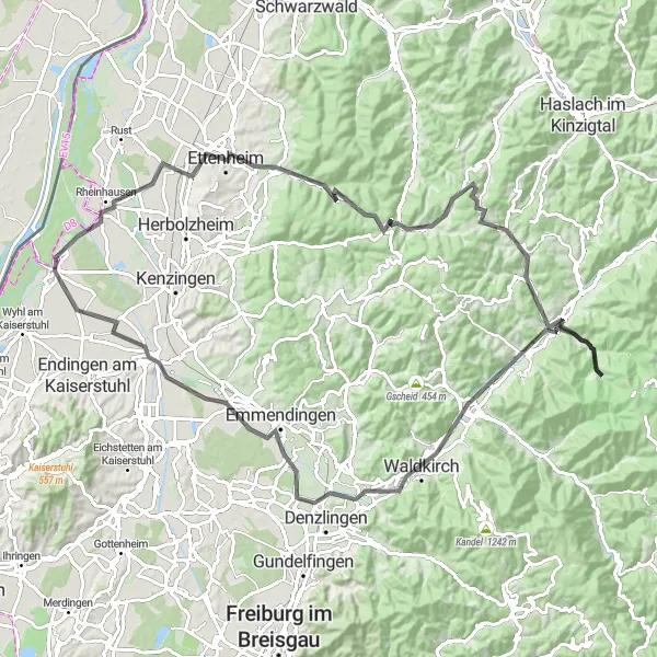 Map miniature of "The Hills and Vineyards Trek" cycling inspiration in Freiburg, Germany. Generated by Tarmacs.app cycling route planner