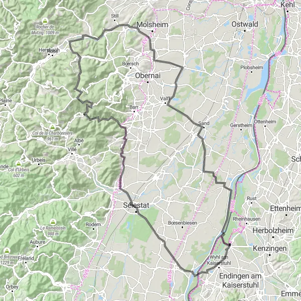Map miniature of "Alsace Wine Route Epic Ride" cycling inspiration in Freiburg, Germany. Generated by Tarmacs.app cycling route planner