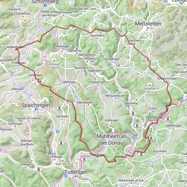 Map miniature of "Challenging Gravel Escape" cycling inspiration in Freiburg, Germany. Generated by Tarmacs.app cycling route planner