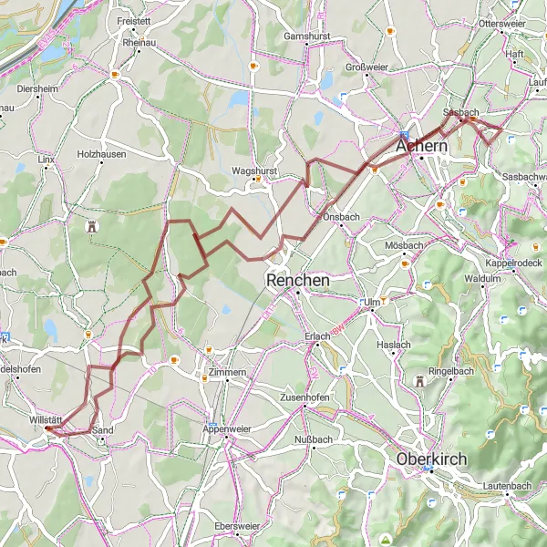 Map miniature of "Sasbach Gravel escape" cycling inspiration in Freiburg, Germany. Generated by Tarmacs.app cycling route planner