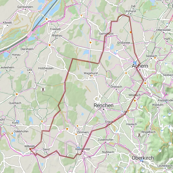 Map miniature of "Achern Adventure" cycling inspiration in Freiburg, Germany. Generated by Tarmacs.app cycling route planner