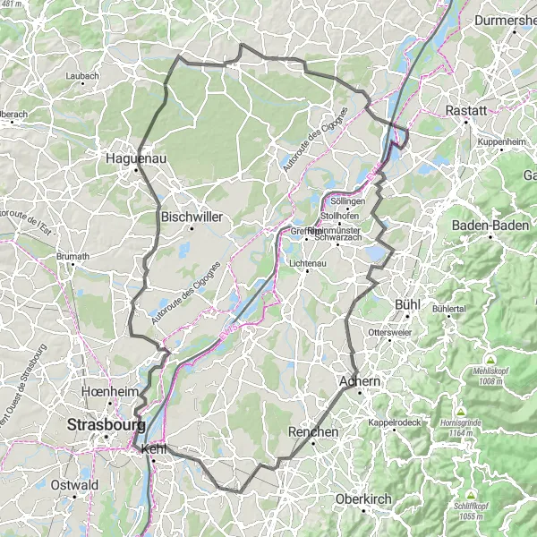 Map miniature of "Kehl Adventure" cycling inspiration in Freiburg, Germany. Generated by Tarmacs.app cycling route planner