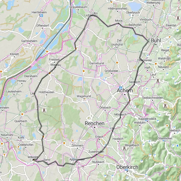 Map miniature of "Rheinau Loop" cycling inspiration in Freiburg, Germany. Generated by Tarmacs.app cycling route planner